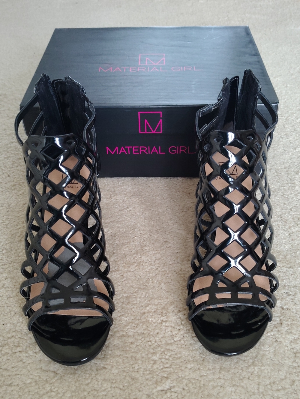 Material Girl Black Patent Lattice Peep-Toe Cage Heels